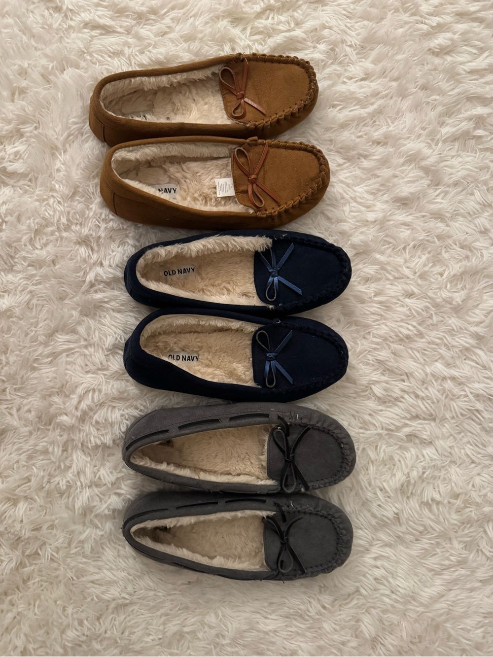 Old Navy Faux-Suede Moccasin Slippers in Brown, Navy & Gray